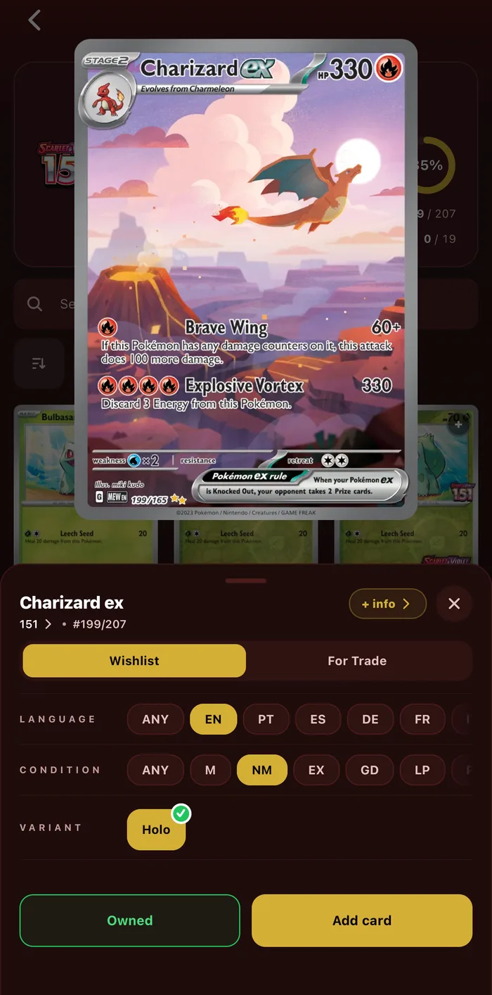 Charizard ex in the iPhone app: wishlist or for trade, language, condition and variant