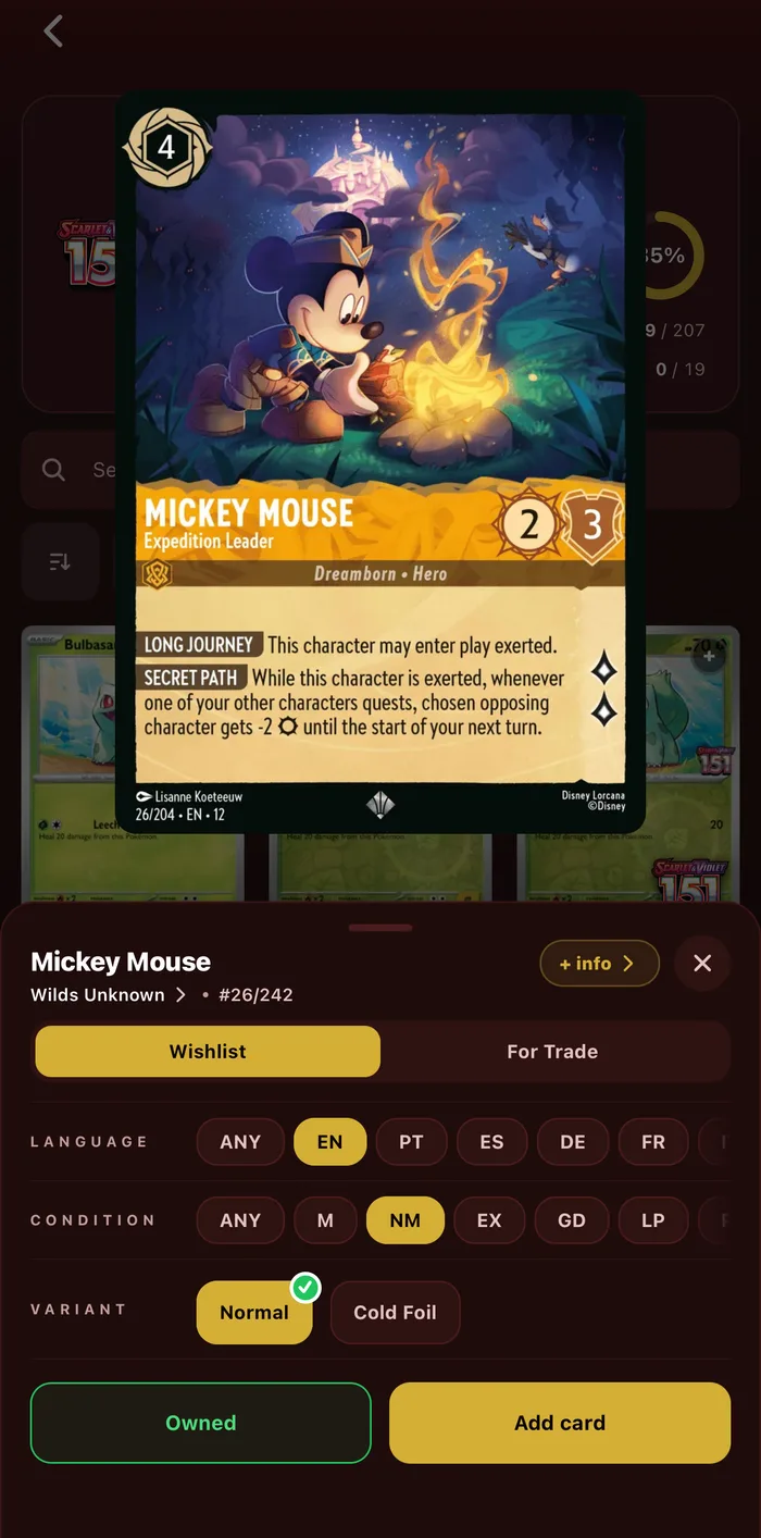 A Lorcana card in the iPhone app, with its Cold Foil variant